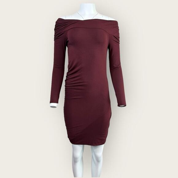 NWT | Krisa | Off Shoulder Long Sleeve Mini Dress | Burgundy | Medium - Picture 1 of 14